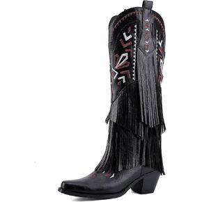 Women’s Fringe Cowboy Boots Knee High, Embroidered Western Cowgirl Boots with Tassel, Pointed Toe Chunky Heel Pull On Boho Festival Concert Boots in Saudi Arabia