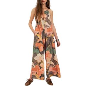 UANEO Jumpsuit for Women Cotton Linen Wide Leg Adjustable Strap Overall One Piece Summer Rompers Pants with Pockets (#2Caramel-L) in Kuwait