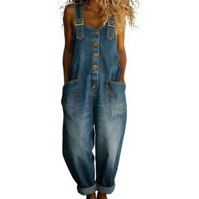 Womens Denim Bib Overall Y2K Barrel Leg Button Front Romper Vintage Loose Jumpsuits Jean with Pockets in Saudi Arabia
