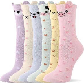 6 Pairs Cute Animal Cotton Socks for Women Soft Breathable Crew Socks with Cat Pig Print Novelty Casual Home Socks for Ladies in Kuwait