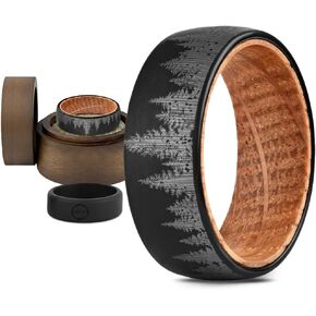 Gentlemen's Bands Premium 8mm Tungsten Black Wedding Band With Forest Carved Whiskey Wood | Wedding Ring Ideal For Gifting | Package Includes Silicon Band, Walnut Ring Box, Leather pouch in Saudi Arabia