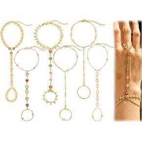 COLOYAN 6Pcs Gold Hand Chain Bracelets Finger Ring Bracelet for Women | 14K Gold Plated, Attractive Design Beaded/Heart/Flower/Rhinestone, Adjustable, Durable, Boho Style for Party Beach Daily Wear in Saudi Arabia