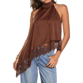 KASBAH Brown Asymmetrical Halter Top Going Out Tops for Women Sleeveless Lace Hem Tank Tops Cute Dinner Bar Festival Outfits in Saudi Arabia