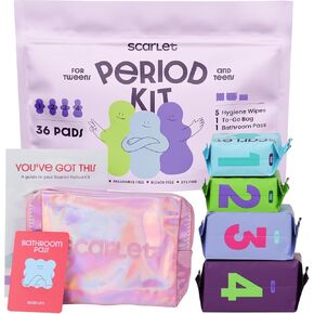 Scarlet By RedDrop Tween Period Kit for Girls 9–12 (45 Pcs) | 36 Pads with Wings (Light, Moderate, Heavy, Max), 5 Wipes, PU Bag, Education Booklet, Bathroom Pass & Sticker Sheet in Kuwait