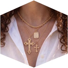 Edoneery Cross Necklace for Women, Gold Plated Vintage Faith Cross Pendant Layered Stackable Necklace Set with Colorful Diamonds, Boho Rhinestone Jewelry Gifts in Saudi Arabia