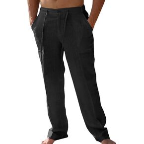 Runcati Mens Casual Pants Loose Fit Linen Elastic Waist Drawstring Pants Straight-Legs Summer Yoga Beach Trousers in Kuwait