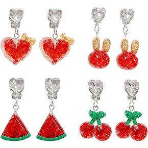 Unique Clip On Earrings for Women–Non Pierced Earrings,Acrylic Ear Clips Jewelry|Cherry, Heart, Watermelon, and Bunny Designs|Lightweight & Comfortable with Sponge Pads(Set of 4) in Saudi Arabia