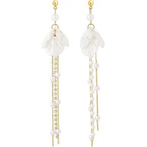 Dainty Long Pearl Drop Clip On Earrings for Women Dangly Gold Rhinestone and White Pearls Tassel Shell Flower Dangle Earring Dangling Trendy Jewelry in Kuwait