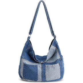 Women Denim Crossbody Bag Multi-Pockets Shoulder Purse Color Block Jean Slouchy Hobo Satchel Hangbag in Saudi Arabia