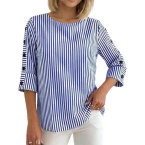 HVT Womens Striped Blouses 3/4 Sleeve Lightweight Casual Shirts Crew Neck Button Details Blouse for Daily Wear in Saudi Arabia