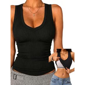 Danysu Built in Bra V Neck Tank Tops for Women Ribbed Knit Racerback No See Through Sleeveless Basic Tee Fitted Tops in Saudi Arabia