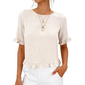 Dqbeng Women Linen Ruffle Hem Blouse Short Sleeve Crewneck Casual T Shirts Summer Beach Vacation Linen Tops in Kuwait