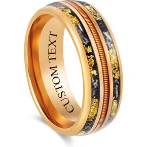 Custom Engraved Men's Wedding Ring Rose Gold Tungsten Guitar String, Meteorite & Gold Leaf Foil Inlay, Personalized Wooden Ring Box - 8mm Comfort Fit in Saudi Arabia