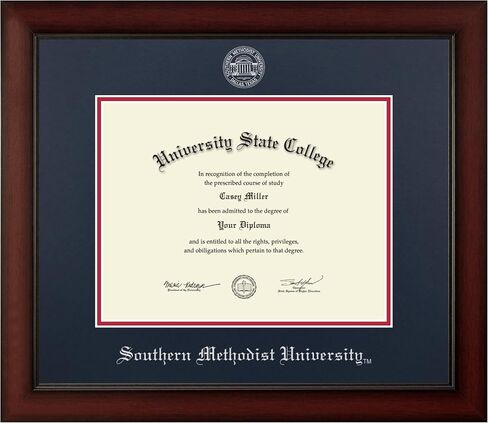 إطار دبلوم جامعة Southern Methodist مقاس 11 بوصة عرض × 8.5 بوصة ارتفاع - يناسب درجة البكالوريوس - إطار دبلوم منقوش باللون الفضي - قالب الكرز مع طلاء بحري وأحمر - مرخص رسميًا in Kuwait