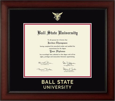 Ball State University 10" w x 8" h Diploma Frame - Fits An Associate's, bachelor's and master's - Gold Embossed Diploma Frame - Cherry Moulding with Black and Red Matting in Kuwait