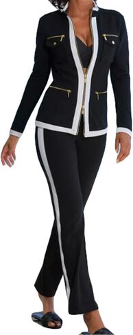 Womens Sexy 2 Pieces Colorblock Blazer Zipper Jackets Bodycon Pants Party Clubwear Tracksuit Outfits Set in Kuwait