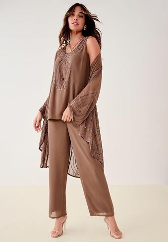 Roaman's Women's Plus Size Beaded Georgette Scoop Neck 3-Piece Pant Set in Kuwait