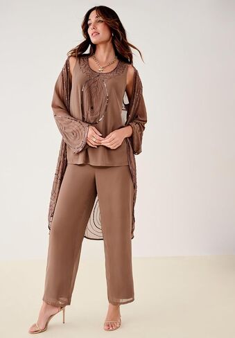 Roaman's Women's Plus Size Beaded Georgette Scoop Neck 3-Piece Pant Set in Kuwait