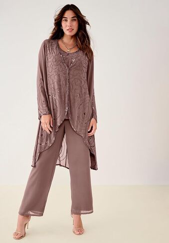 Roaman's Women's Plus Size Beaded Georgette Scoop Neck 3-Piece Pant Set in Kuwait