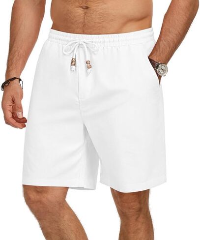 Men's Cotton Linen Shorts Casual Elastic Waist Drawstring Lightweight Summer Vacation Beach Shorts with Pockets in Saudi Arabia