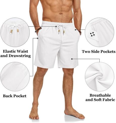 Men's Cotton Linen Shorts Casual Elastic Waist Drawstring Lightweight Summer Vacation Beach Shorts with Pockets in Saudi Arabia