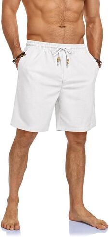Men's Cotton Linen Shorts Casual Elastic Waist Drawstring Lightweight Summer Vacation Beach Shorts with Pockets in Saudi Arabia