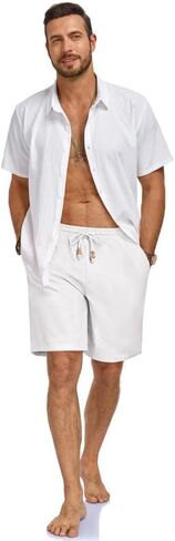 Men's Cotton Linen Shorts Casual Elastic Waist Drawstring Lightweight Summer Vacation Beach Shorts with Pockets in Saudi Arabia