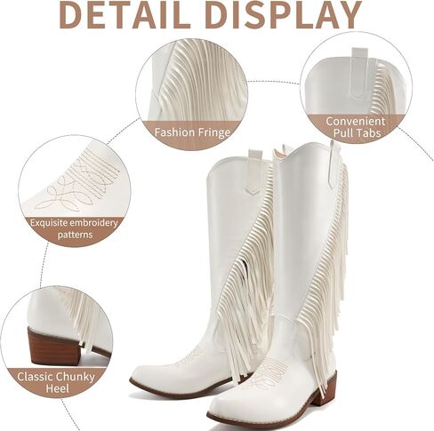 Western Cowgirl Boots Women: White 7 Knee High Wide Calf Fringe Cowboy Party Shoes for Country Concert in Saudi Arabia