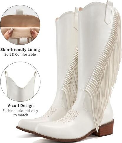 Western Cowgirl Boots Women: White 7 Knee High Wide Calf Fringe Cowboy Party Shoes for Country Concert in Saudi Arabia