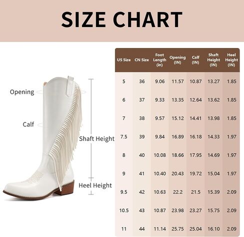 Western Cowgirl Boots Women: White 7 Knee High Wide Calf Fringe Cowboy Party Shoes for Country Concert in Saudi Arabia