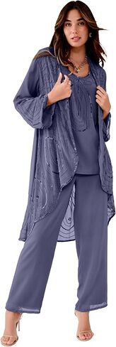 Roaman's Women's Plus Size Beaded Georgette Scoop Neck 3-Piece Pant Set in Kuwait