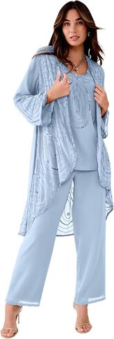 Roaman's Women's Plus Size Beaded Georgette Scoop Neck 3-Piece Pant Set in Kuwait