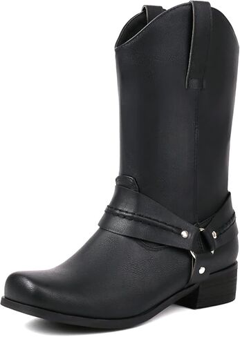 ForeMode Western Cowboy Boots Knee High Wide Calf Cowgirl Boots Chunky Heel and Pointed Toe with Classic Embroidered for Girls Ladies Fall Winter in Saudi Arabia