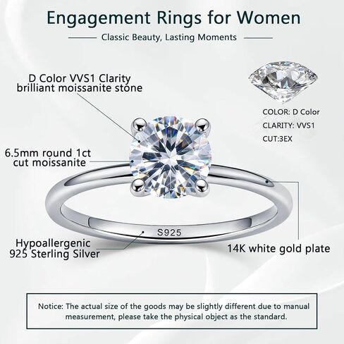 WES 1CT Solitaire Moissanite Engagement Ring - Hypoallergenic 925 Sterling Silver with 14K White Gold Plated Round Cut D Color VVS1 Clarity Moissanite Rings for Women, Size 4-11 in Saudi Arabia