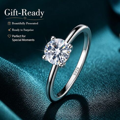 WES 1CT Solitaire Moissanite Engagement Ring - Hypoallergenic 925 Sterling Silver with 14K White Gold Plated Round Cut D Color VVS1 Clarity Moissanite Rings for Women, Size 4-11 in Saudi Arabia
