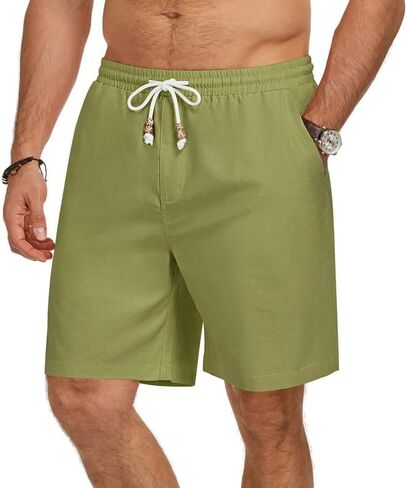 Men's Cotton Linen Shorts Casual Elastic Waist Drawstring Lightweight Summer Vacation Beach Shorts with Pockets in Saudi Arabia