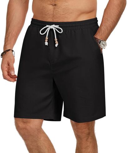 Men's Cotton Linen Shorts Casual Elastic Waist Drawstring Lightweight Summer Vacation Beach Shorts with Pockets in Saudi Arabia