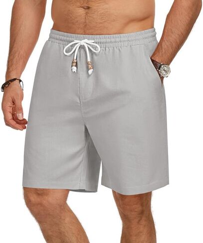 Men's Cotton Linen Shorts Casual Elastic Waist Drawstring Lightweight Summer Vacation Beach Shorts with Pockets in Saudi Arabia