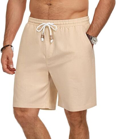 Men's Cotton Linen Shorts Casual Elastic Waist Drawstring Lightweight Summer Vacation Beach Shorts with Pockets in Saudi Arabia