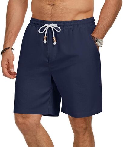 Men's Cotton Linen Shorts Casual Elastic Waist Drawstring Lightweight Summer Vacation Beach Shorts with Pockets in Saudi Arabia