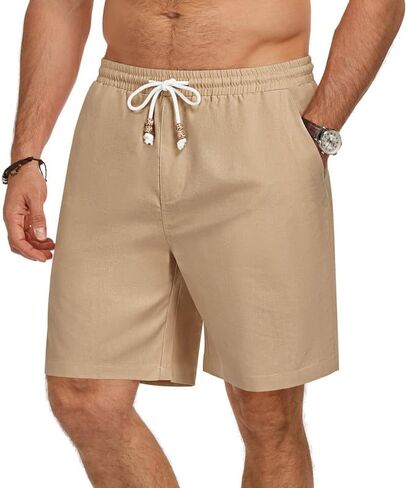 Men's Cotton Linen Shorts Casual Elastic Waist Drawstring Lightweight Summer Vacation Beach Shorts with Pockets in Saudi Arabia