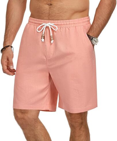 Men's Cotton Linen Shorts Casual Elastic Waist Drawstring Lightweight Summer Vacation Beach Shorts with Pockets in Saudi Arabia