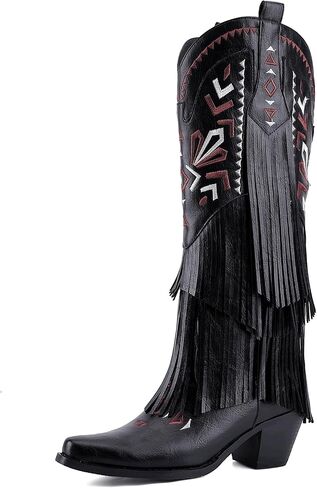 Women’s Fringe Cowboy Boots Knee High, Embroidered Western Cowgirl Boots with Tassel, Pointed Toe Chunky Heel Pull On Boho Festival Concert Boots in Saudi Arabia
