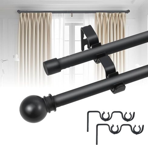 Black Double Window Curtain Rods 31 to 52 Inches, 5/8 Inch Diameter Dual Drapery Rod with Brackets, Splicing Double Blackout Curtain Rods for Bedroom,Patio,Sliding Glass Door in Saudi Arabia