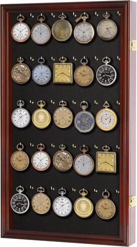 DisplayGifts 25 Pocket Watch Display Case Golf Bag Tag Collection Display Case Shadow Box with Small Hooks Mahogany Finish in Kuwait