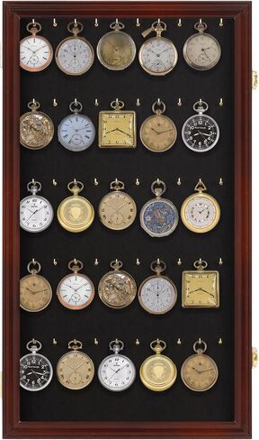 DisplayGifts 25 Pocket Watch Display Case Golf Bag Tag Collection Display Case Shadow Box with Small Hooks Mahogany Finish in Kuwait