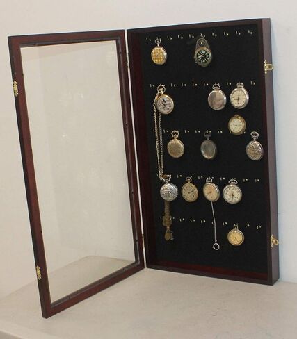 DisplayGifts 25 Pocket Watch Display Case Golf Bag Tag Collection Display Case Shadow Box with Small Hooks Mahogany Finish in Kuwait