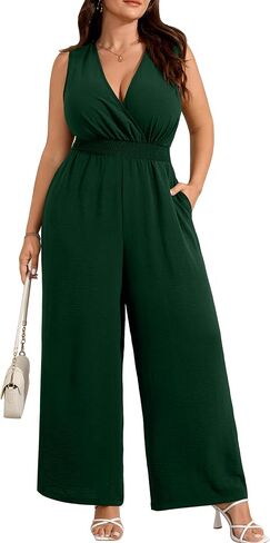 RWJ Plus Size Jumpsuits for Women Dressy Casual Wrap V Neck Sleeveless Zipper Outfits Wide Leg Pant Rompers with Pockets in Saudi Arabia