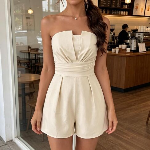 Women Strapless Romper Dressy Sleeveless Off Shoulder Tube Top Short Jumpsuits Summer Sexy Casual Vacation Outfits in Kuwait
