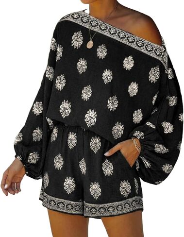REASERAL Womens Jumpsuits Bohemian Off Shoulder Lattern Sleeve Vacation Outfit High Waist Shorts Loose Fit Summer Rompers in Kuwait
